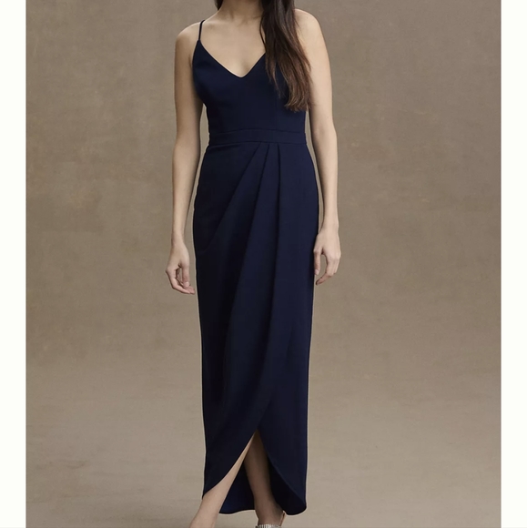 BHLDN Lyra V Neck Faux Wrap Crepe Midi Dress Navy Blue Stretch Wedding Party - Picture 1 of 12